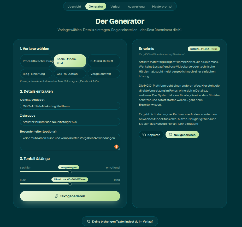 App 2: KI-Text-Generator mit Eingabemaske, Reglern und generiertem Social-Media-Post