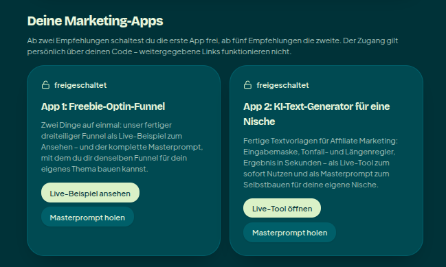 Übersicht der freigeschalteten Apps 1 und 2 auf der Bestätigungsseite